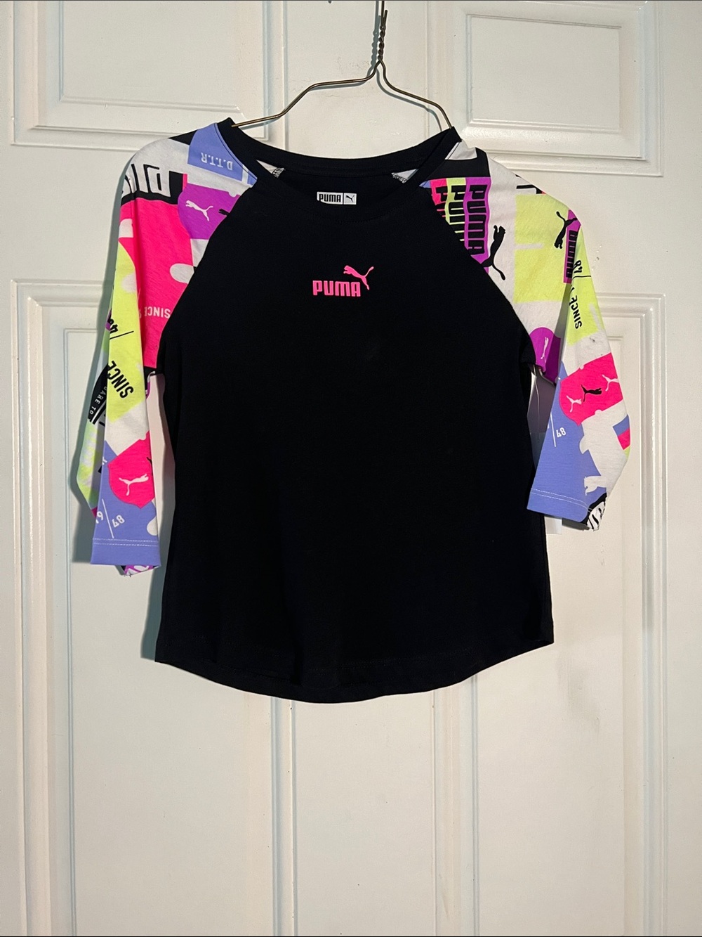 Puma Black Long Sleeve Raglan Tee with Neon Multi Accents